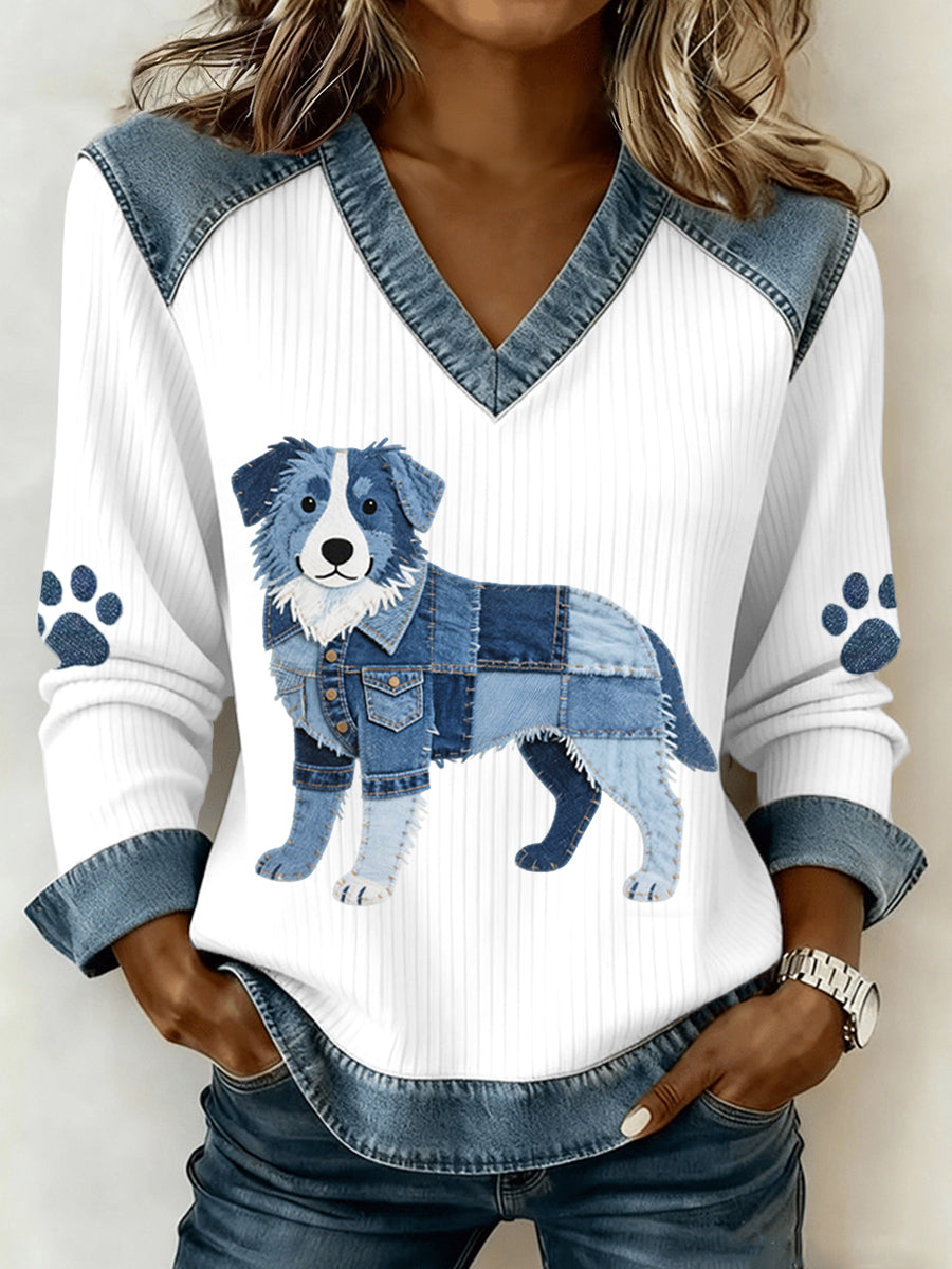 Adorável Border Collie padrão Denim Patchwork v-Neck Top das mulheres