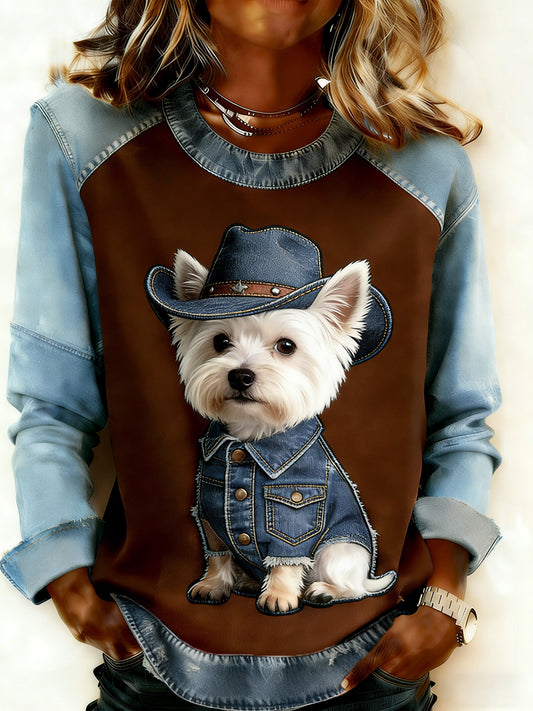 Arte animal retro impressão confortável Denim Patchwork moletom feminino