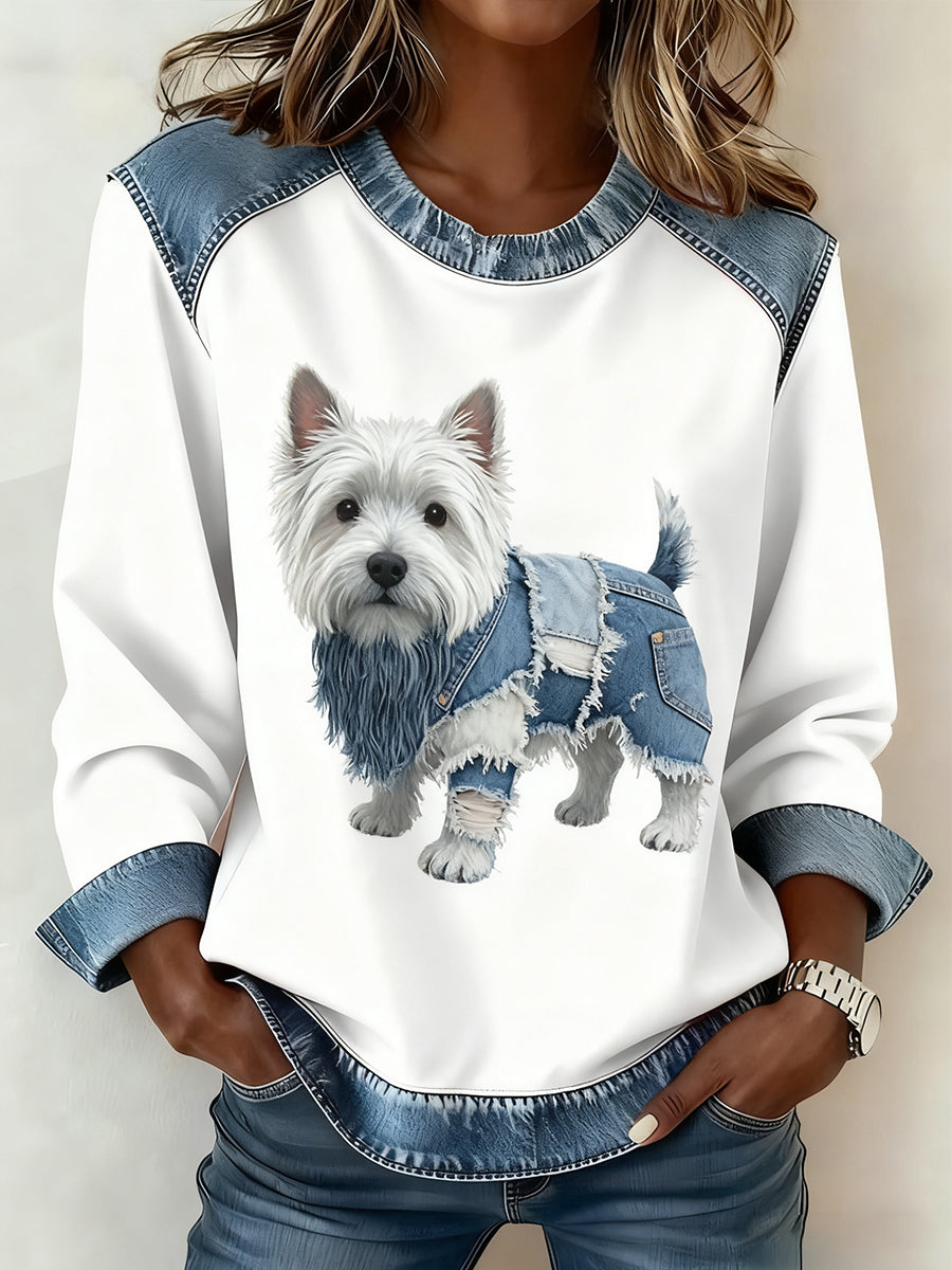 Arte animal retro impressão confortável Denim Patchwork moletom feminino
