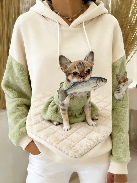 Arte Animal retro feminino imprime moletom com capuz de flanela confortável