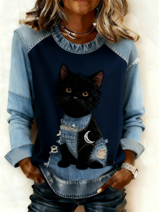 Arte animal retro impressão confortável Denim Patchwork moletom feminino