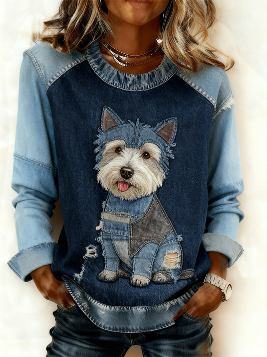 Arte animal retro impressão confortável Denim Patchwork moletom feminino