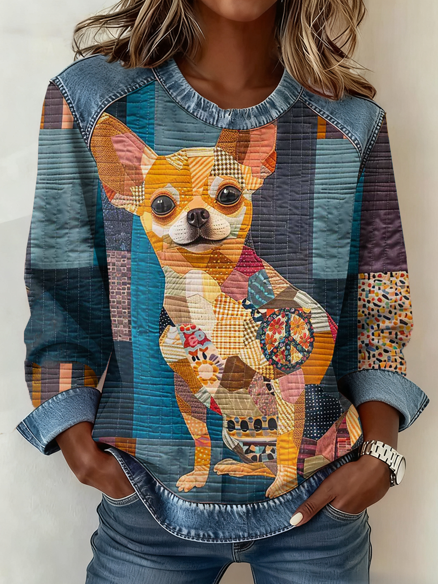 Chihuahua das mulheres impresso Denim Patchwork Top