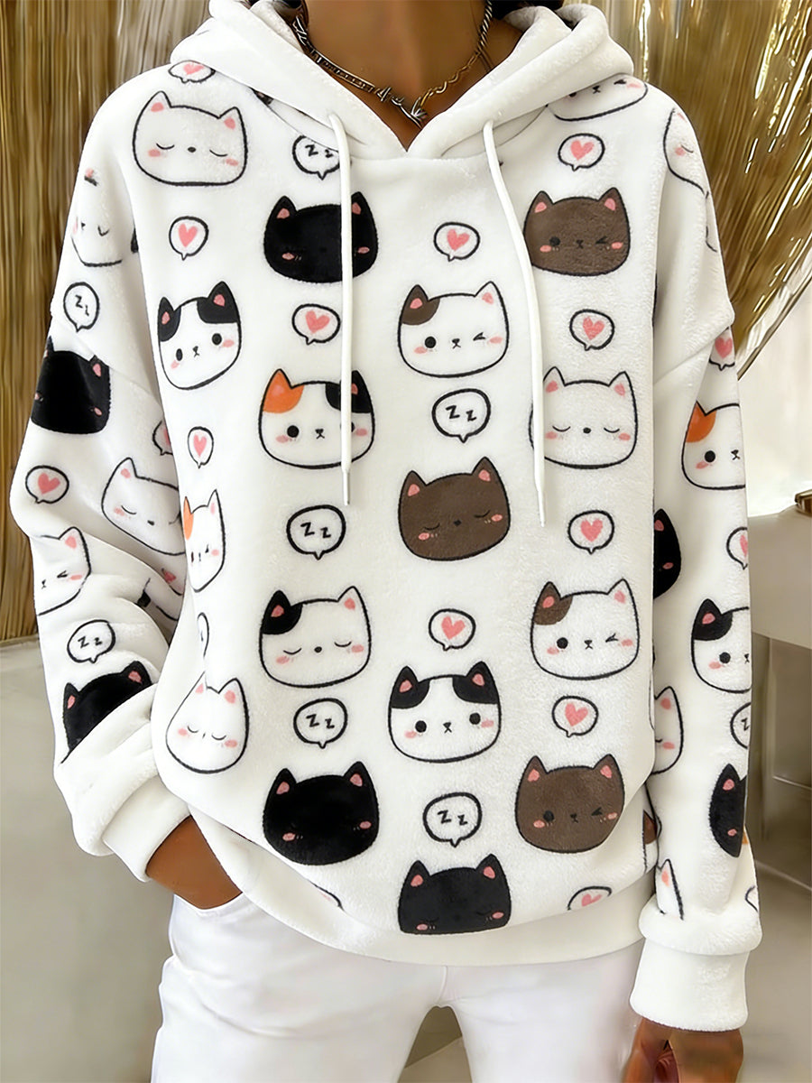 Gato bonito arte impressão Casual flanela Hoodie das mulheres