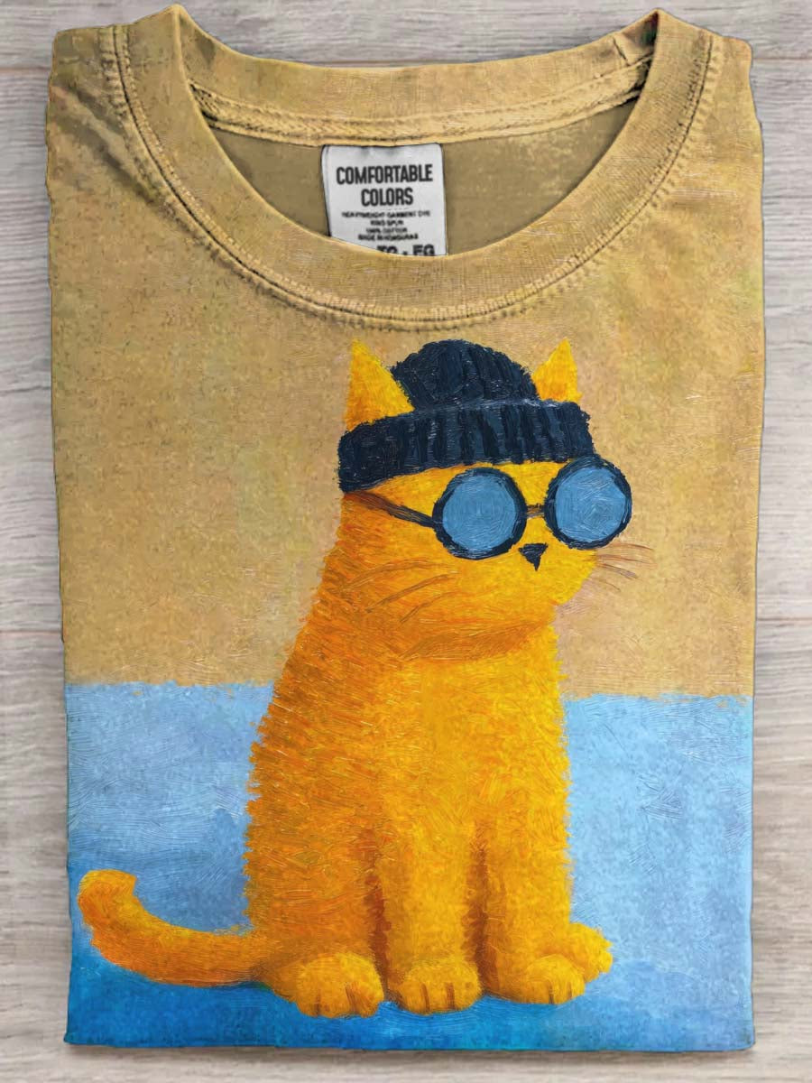 Gato engraçado imprimir camiseta casual de manga curta