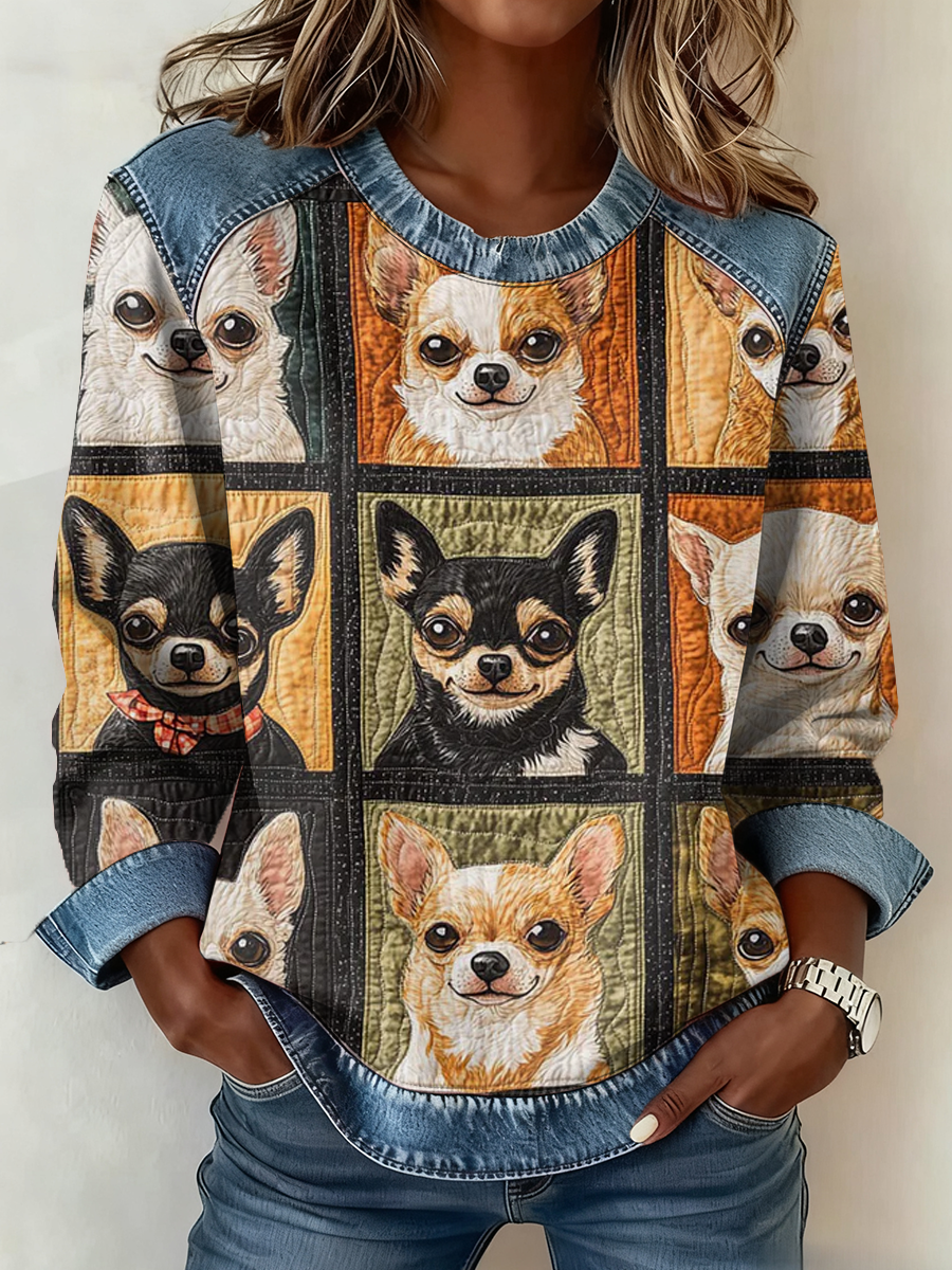 Chihuahua das mulheres impresso Denim Patchwork Top