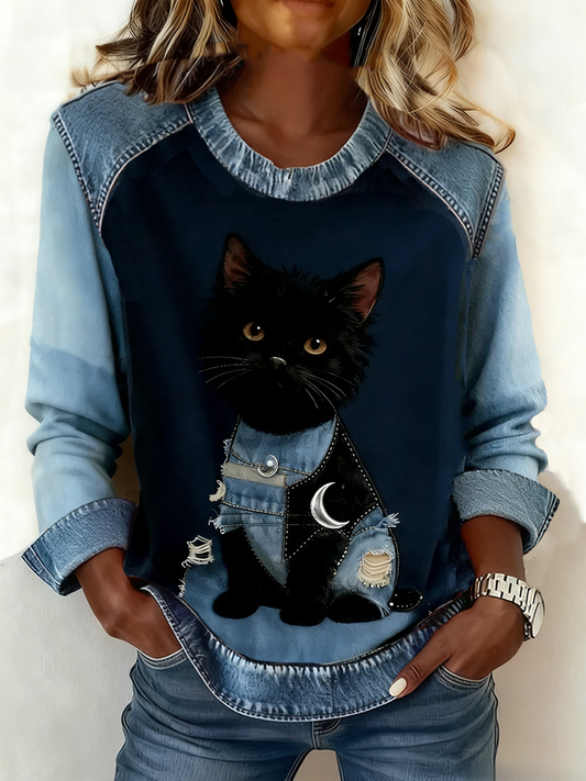 Arte animal retro impressão confortável Denim Patchwork Top das mulheres