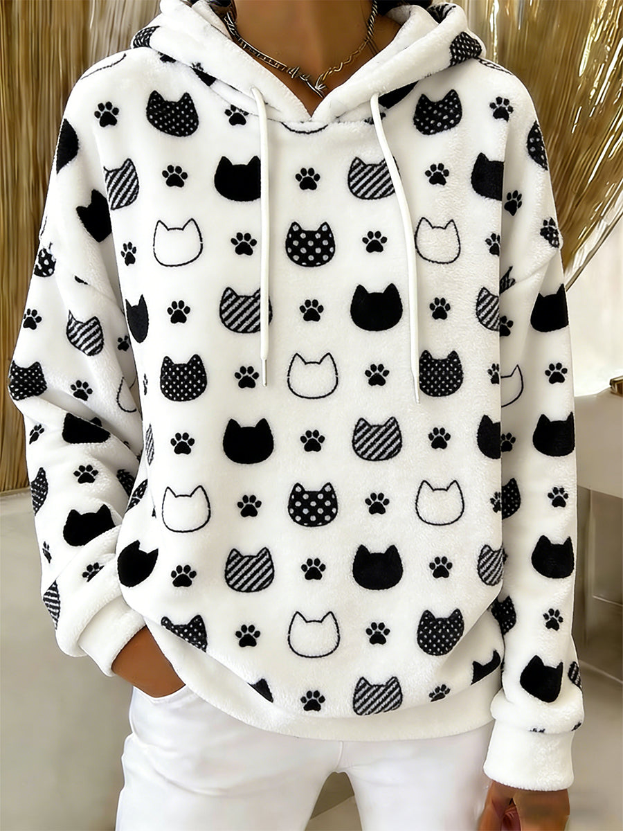Gato bonito arte impressão Casual flanela Hoodie das mulheres