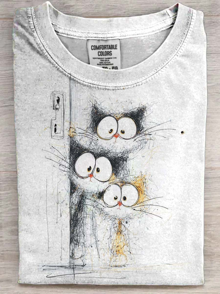 Camiseta de Manga Curta Gato Casual Estampada Linha