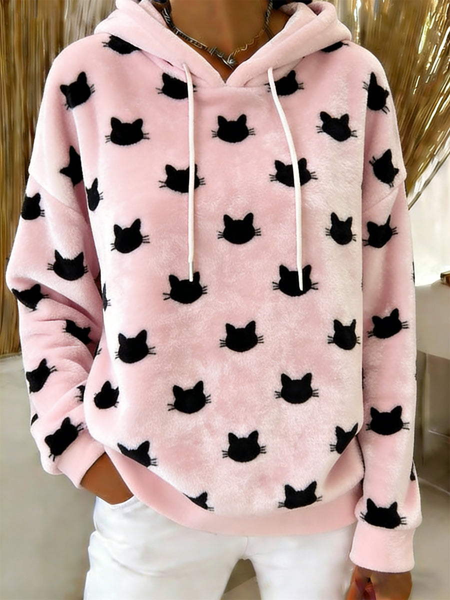 Gato bonito arte impressão Casual flanela Hoodie das mulheres