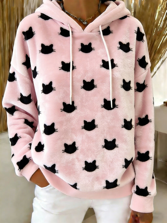 Gato bonito arte impressão Casual flanela Hoodie das mulheres