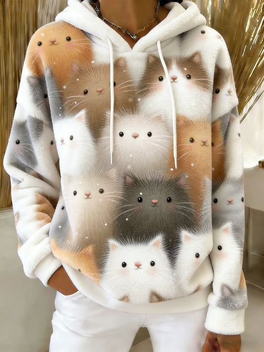 Gato bonito arte impressão Casual flanela Hoodie das mulheres
