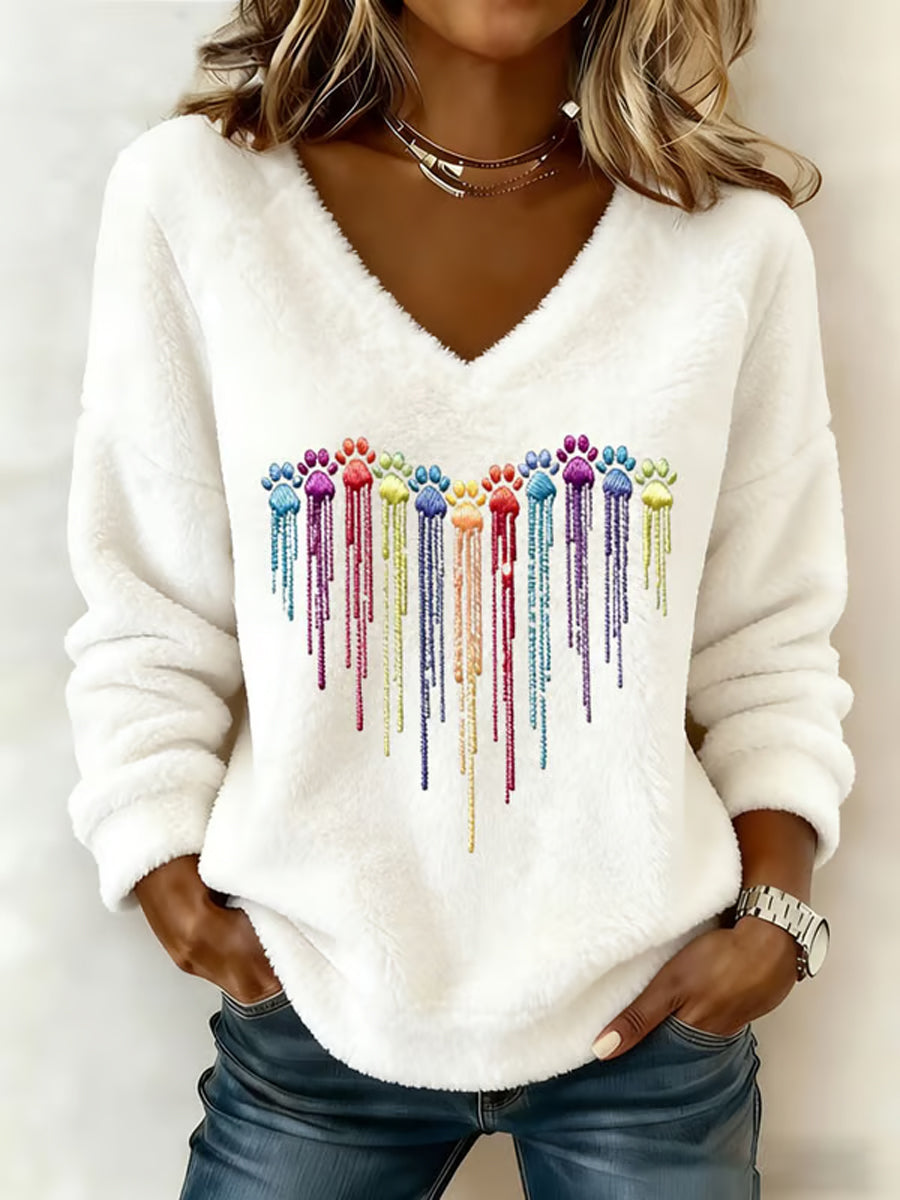 Colorido cão coração pata flanela v-Neck Top feminino