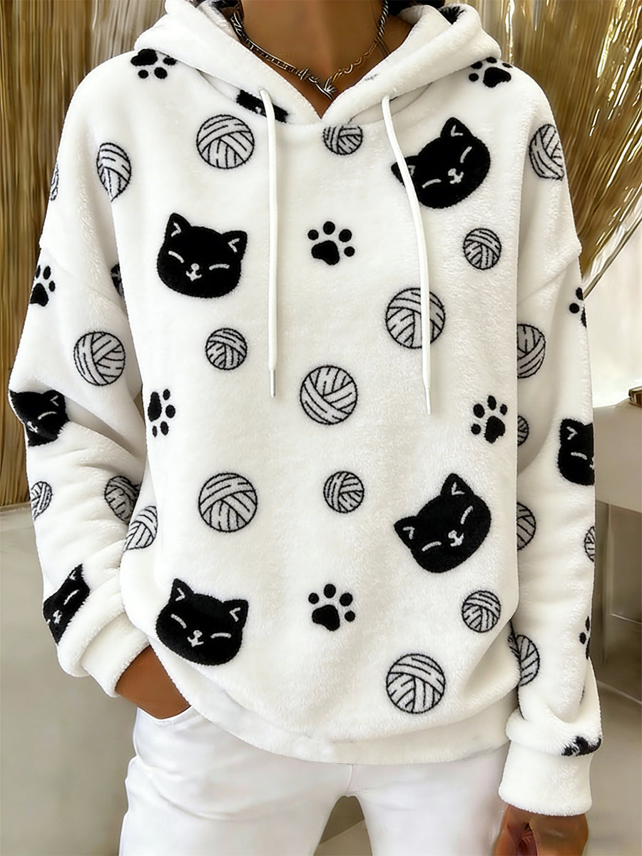 Gato bonito arte impressão Casual flanela Hoodie das mulheres