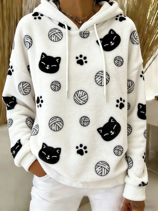 Gato bonito arte impressão Casual flanela Hoodie das mulheres