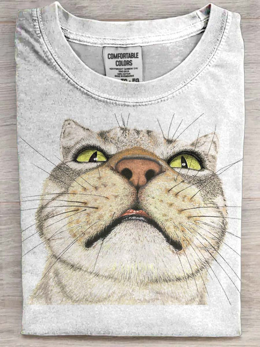 Gato De Cabeças Grandes Engraçado Imprimir Casual De Manga Curta T-shirt