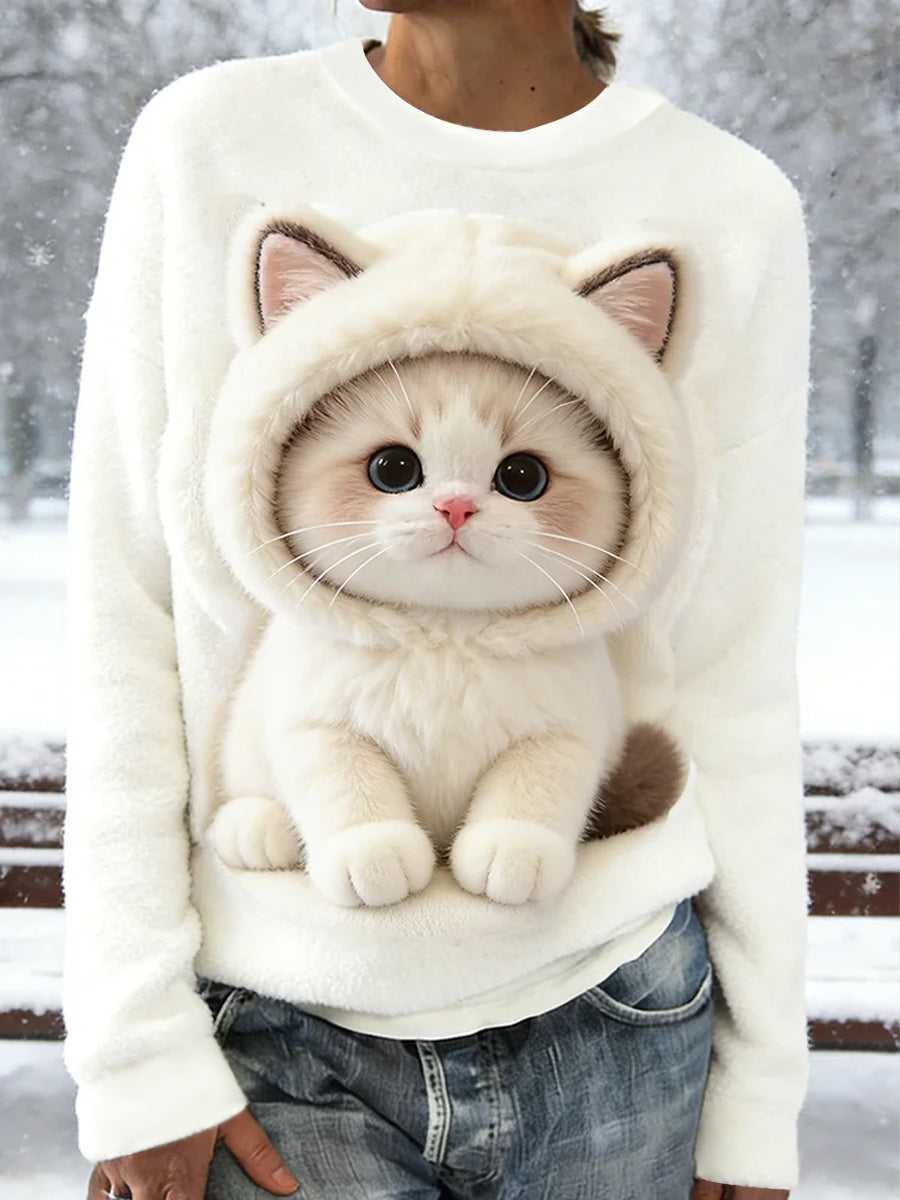Camisola de flanela bonito do gato do inverno das mulheres