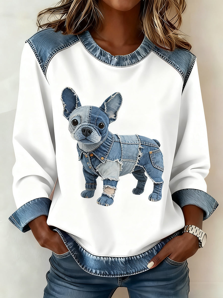 Arte animal retro impressão confortável Denim Patchwork moletom feminino
