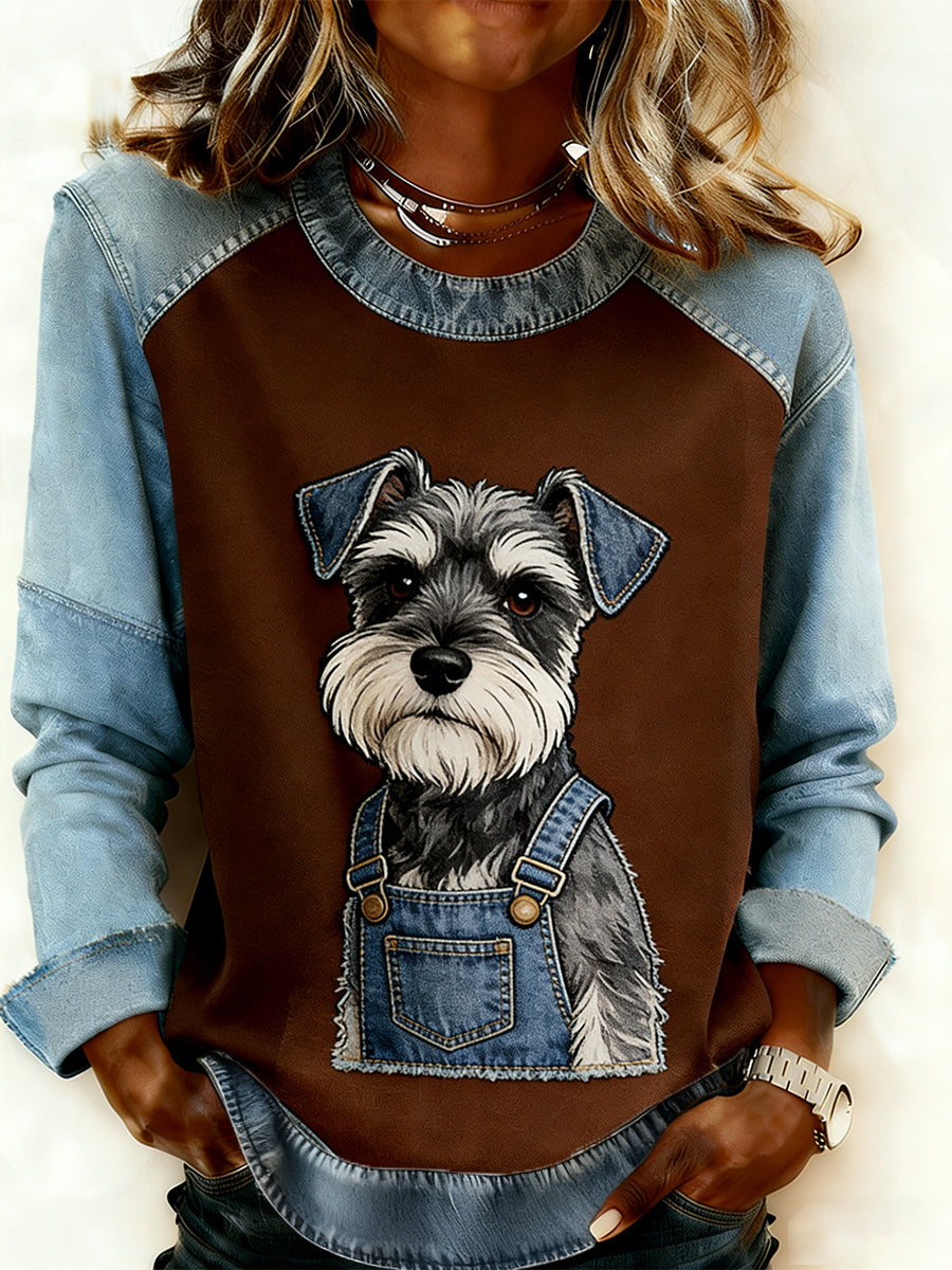 Arte animal retro impressão confortável Denim Patchwork moletom feminino