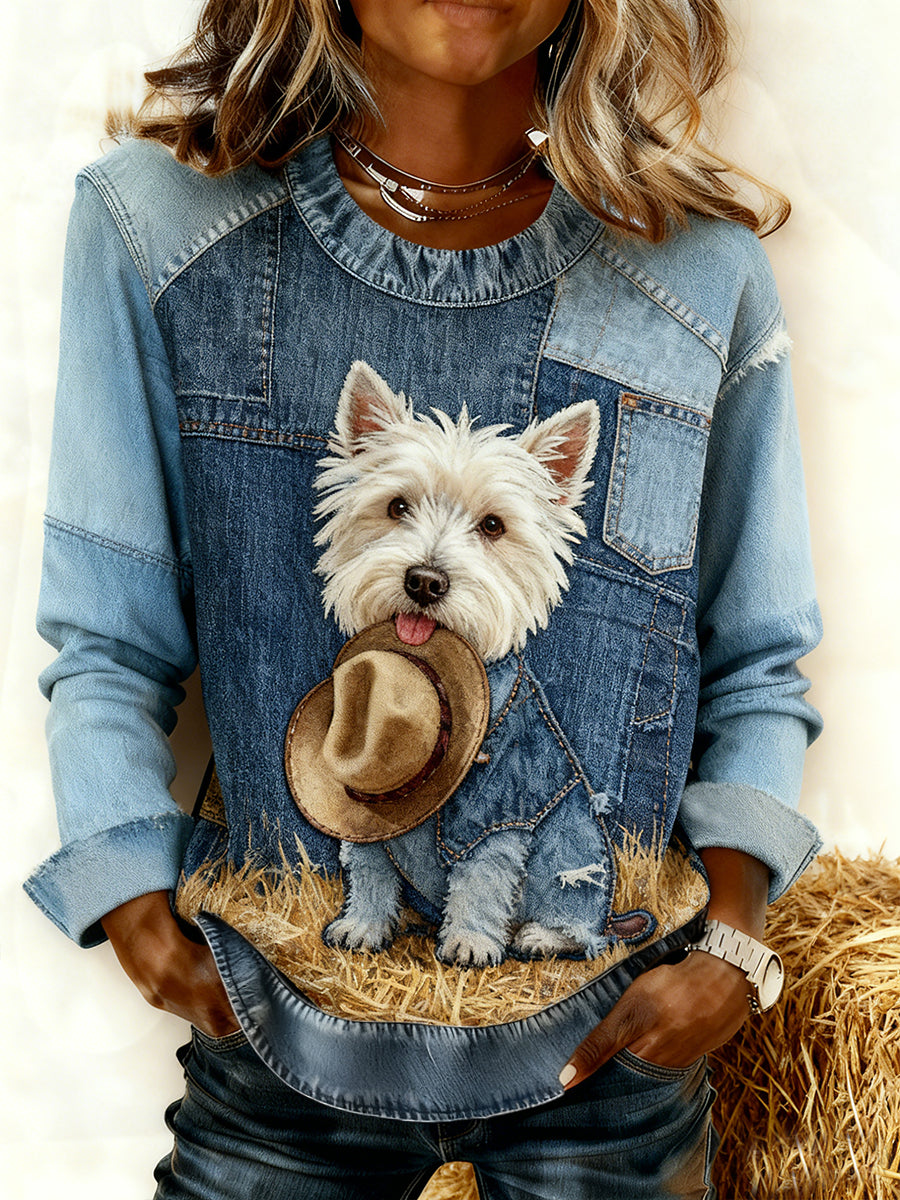 Arte animal retro impressão confortável Denim Patchwork moletom feminino