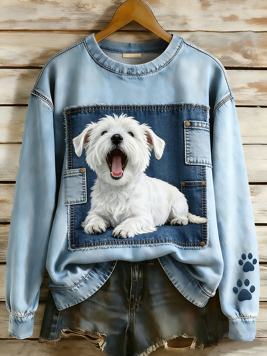 Retro Denim Patchwork Animal Art feminino impressão Casual conforto de manga longa moletom