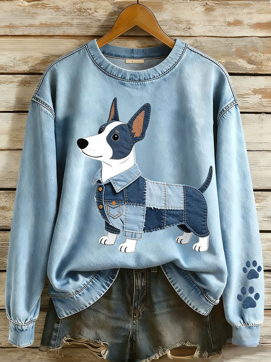 Retro Denim Patchwork Animal Art feminino impressão Casual conforto de manga longa moletom