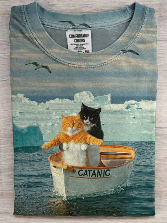 Gato engraçado imprimir camiseta casual de manga curta