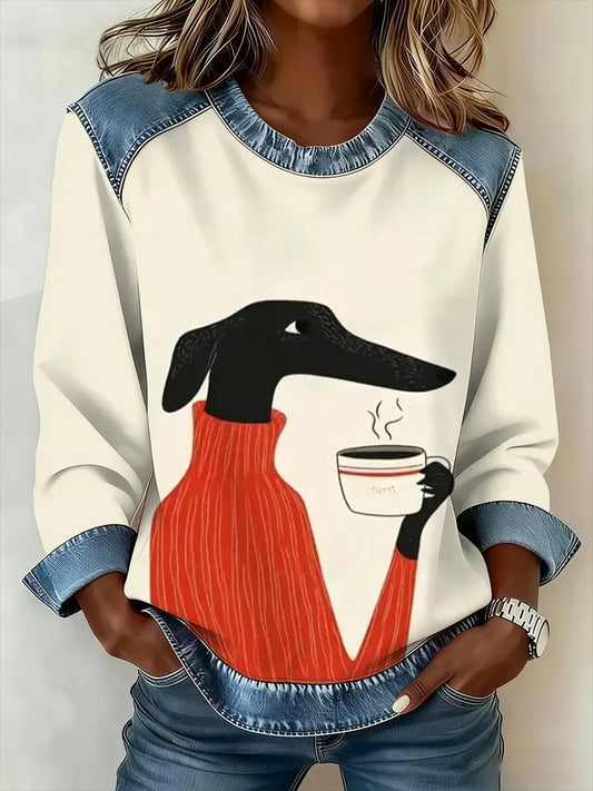 Retro cão bonito café impressão Denim Patchwork Top do mulheres