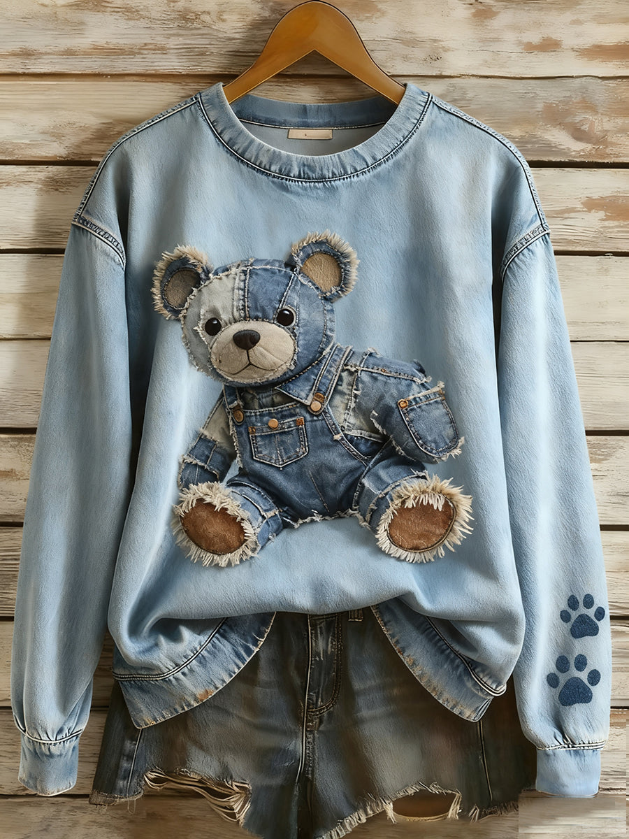 Retro Denim Patchwork Animal Art feminino impressão Casual conforto de manga longa moletom