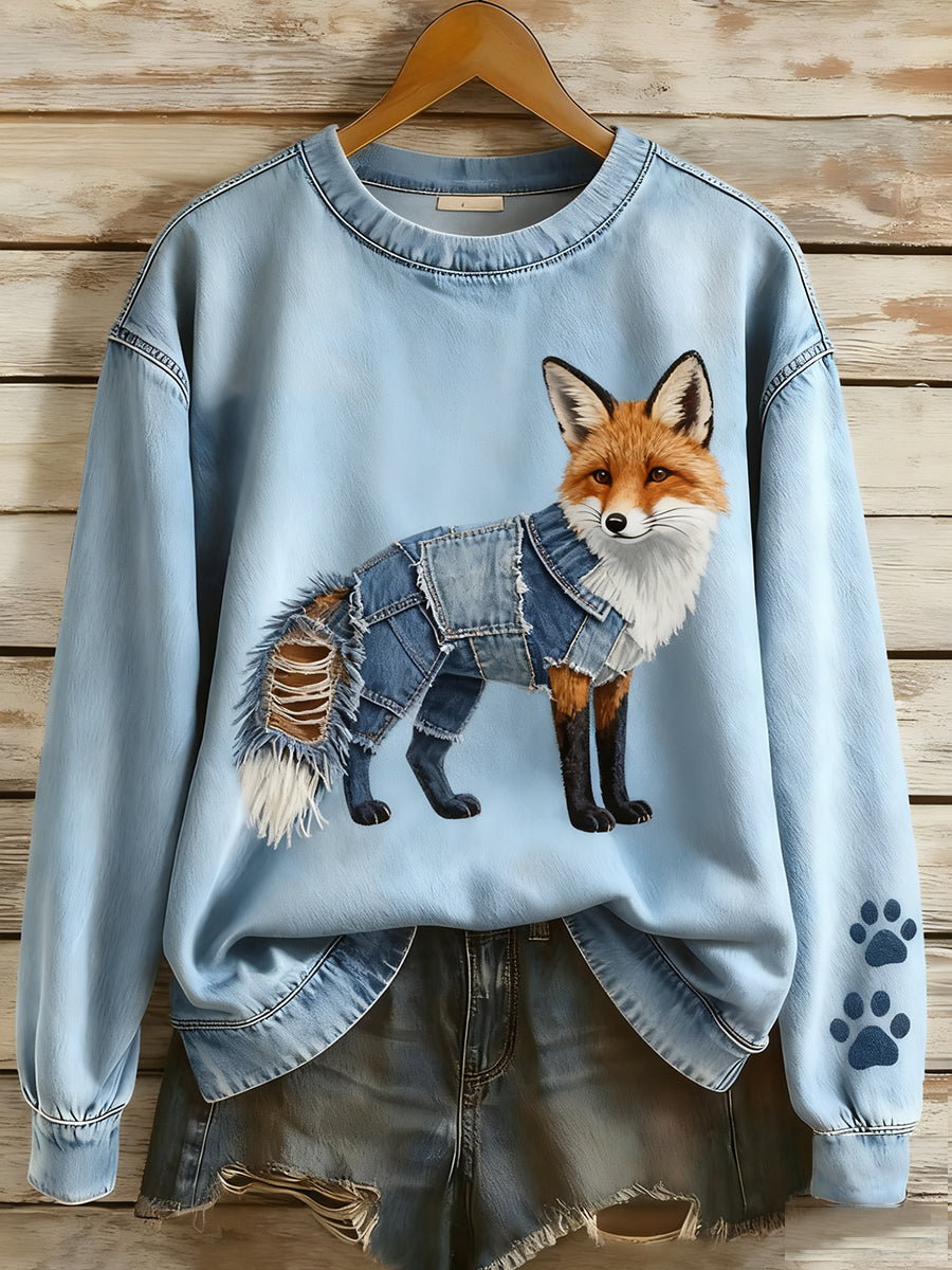 Retro Denim Patchwork Animal Art feminino impressão Casual conforto de manga longa moletom
