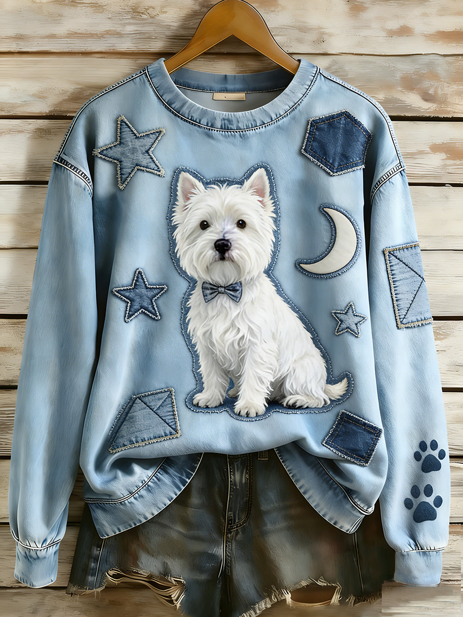 Retro Denim Patchwork Animal Art feminino impressão Casual conforto de manga longa moletom