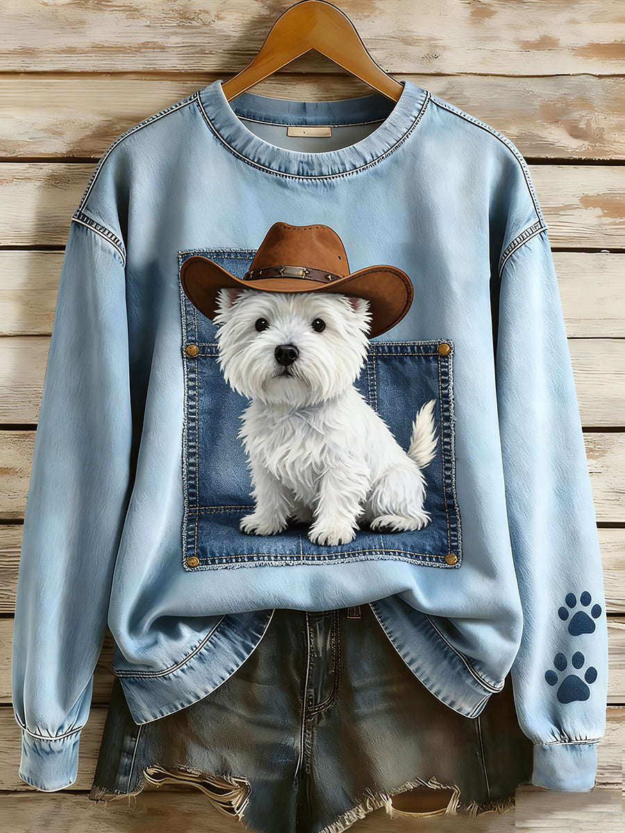 Retro Denim Patchwork Animal Art feminino impressão Casual conforto de manga longa moletom