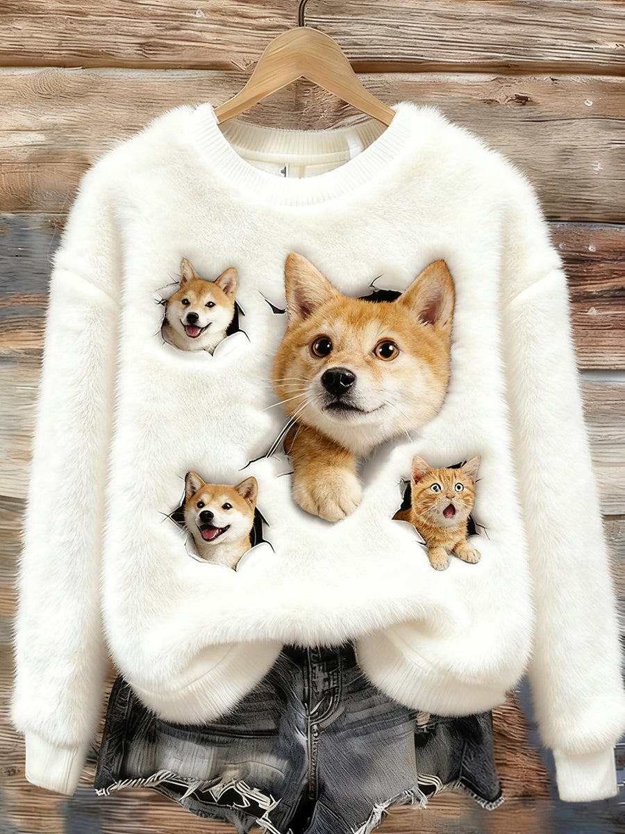 Arte animal retro impressão confortável top de flanela feminino