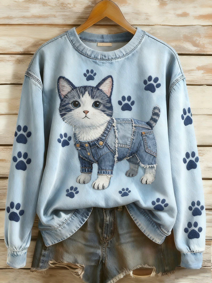 Retro Denim Patchwork Animal Art feminino impressão Casual conforto de manga longa moletom