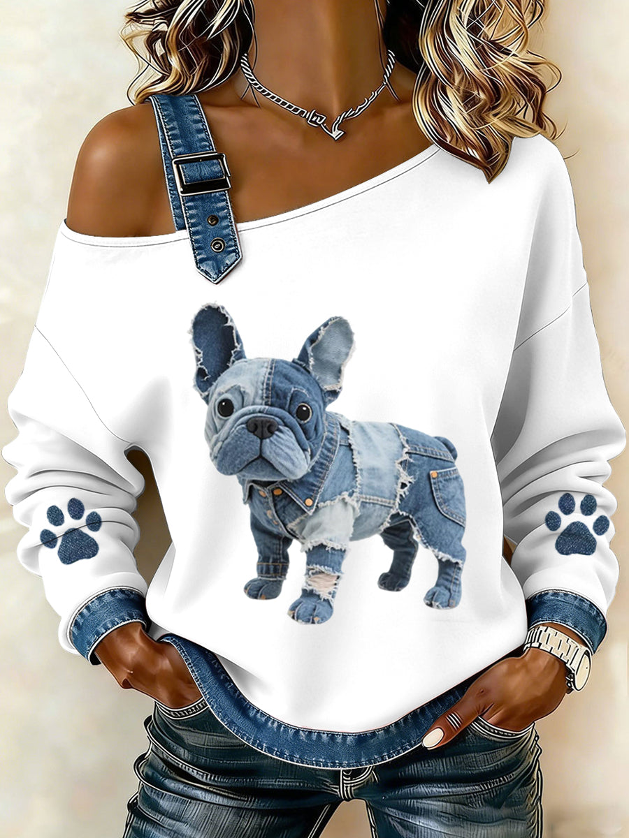 Adorável buldogue francês padrão Denim Patchwork Top das mulheres