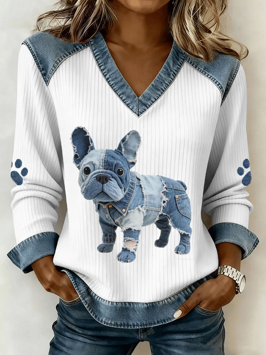 Buldogue francês padrão feminino Denim Patchwork Art V-Neck Top