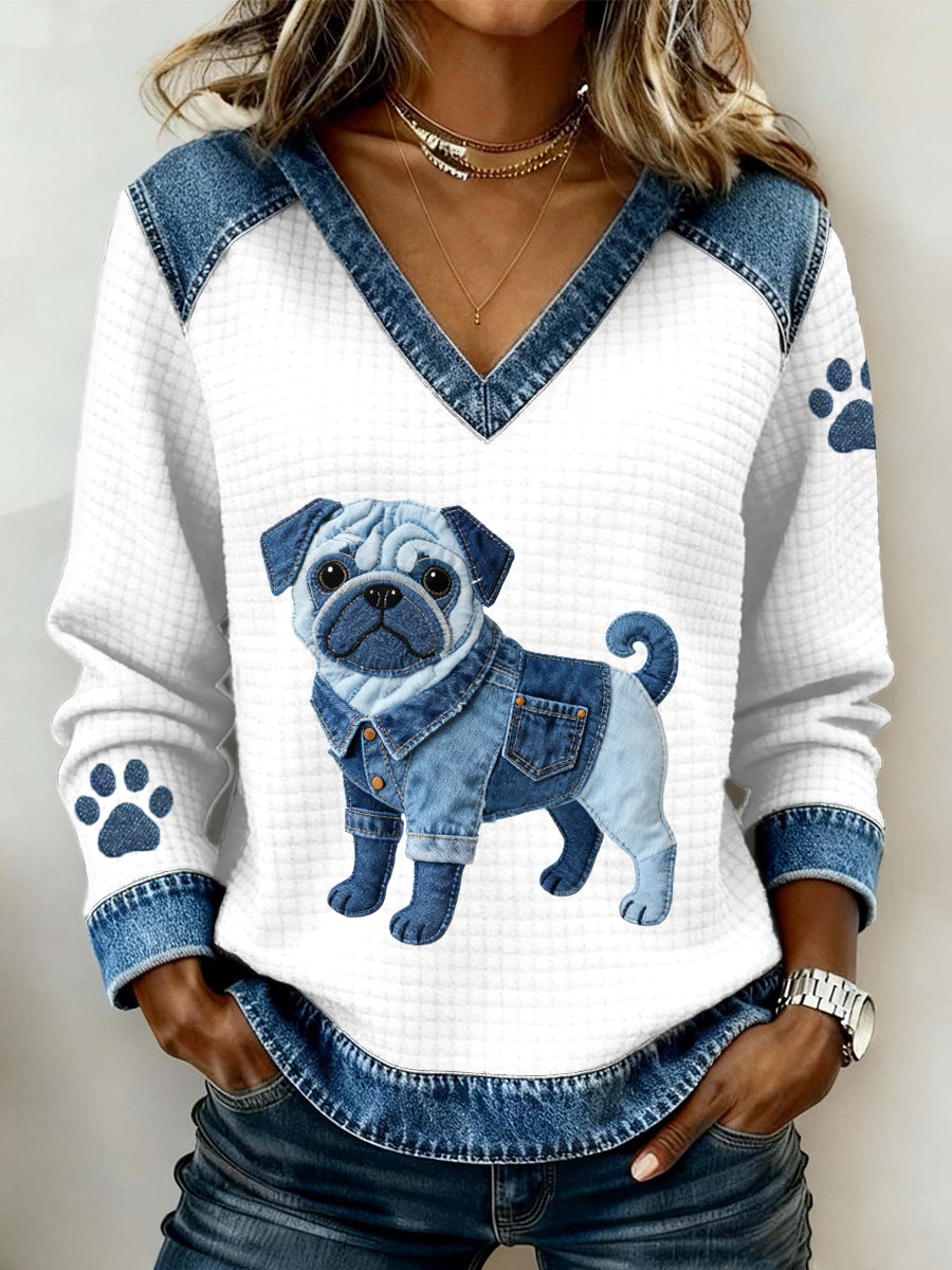 Adorável Pug Dog padrão Denim Patchwork V-Neck Top feminino