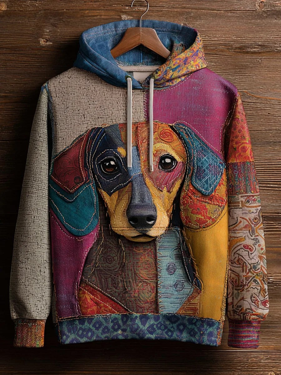 Vintage Patchwork Dog Impressão Arte Casual Hoodie