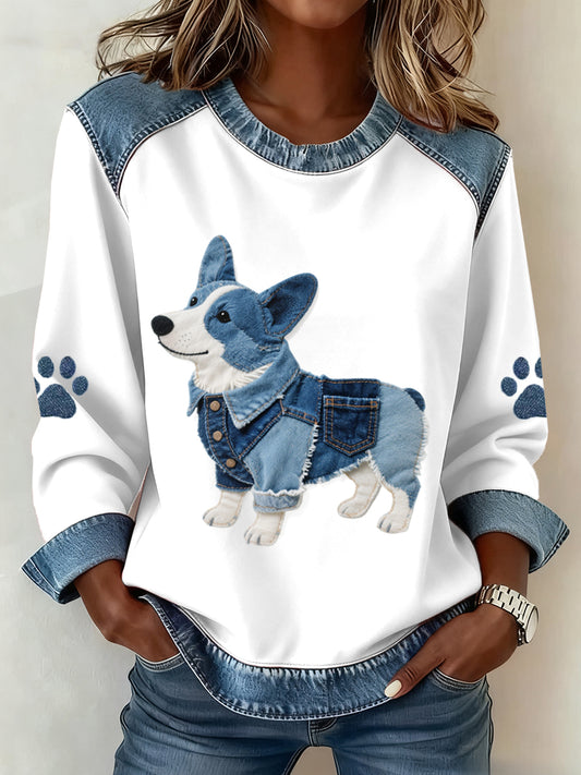 Adorável Corgi Dog padrão Denim Patchwork moletom do mulheres