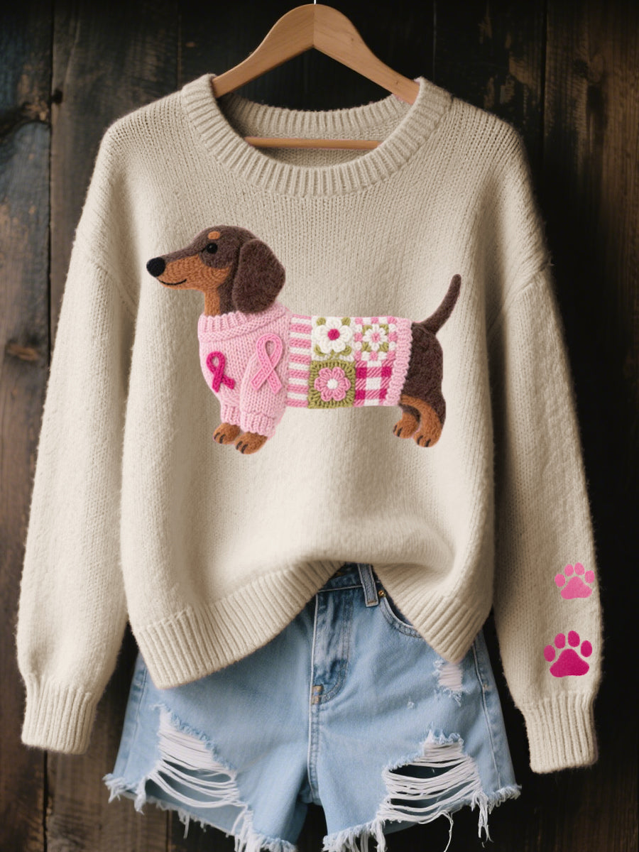 Lã feltro arte Dachshund padrão camisola de malha acolhedor feminino