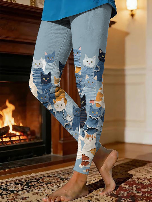 Gatinho feminino imprimir leggings de lã térmica