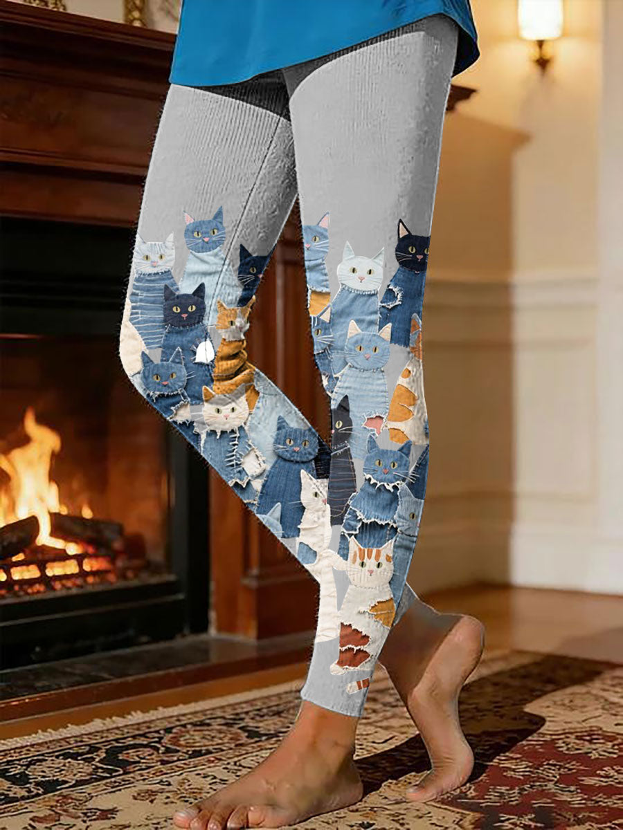 Gatinho feminino imprimir leggings de lã térmica