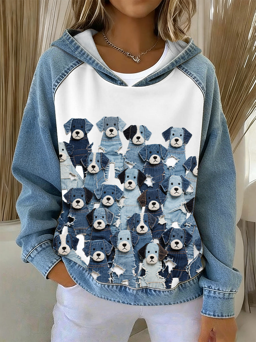 Denim Puppy Hoodie das mulheres