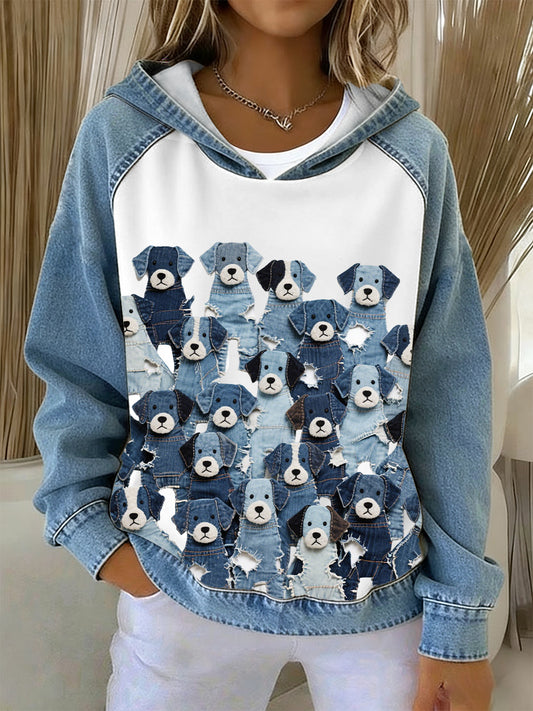Denim Puppy Hoodie das mulheres
