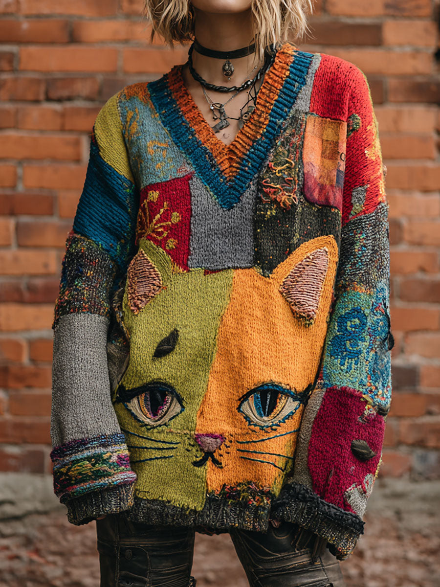 Arte gato retro V-Neck Tops das mulheres