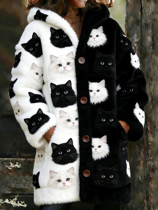 Animal gato das mulheres imprimir flanela casaco quente