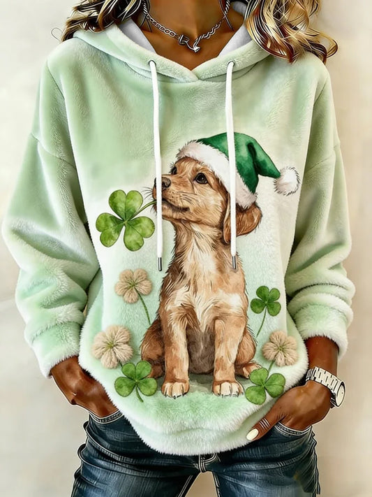 Cachorro de trevos bonito feminino imprimir flanela Hoodie
