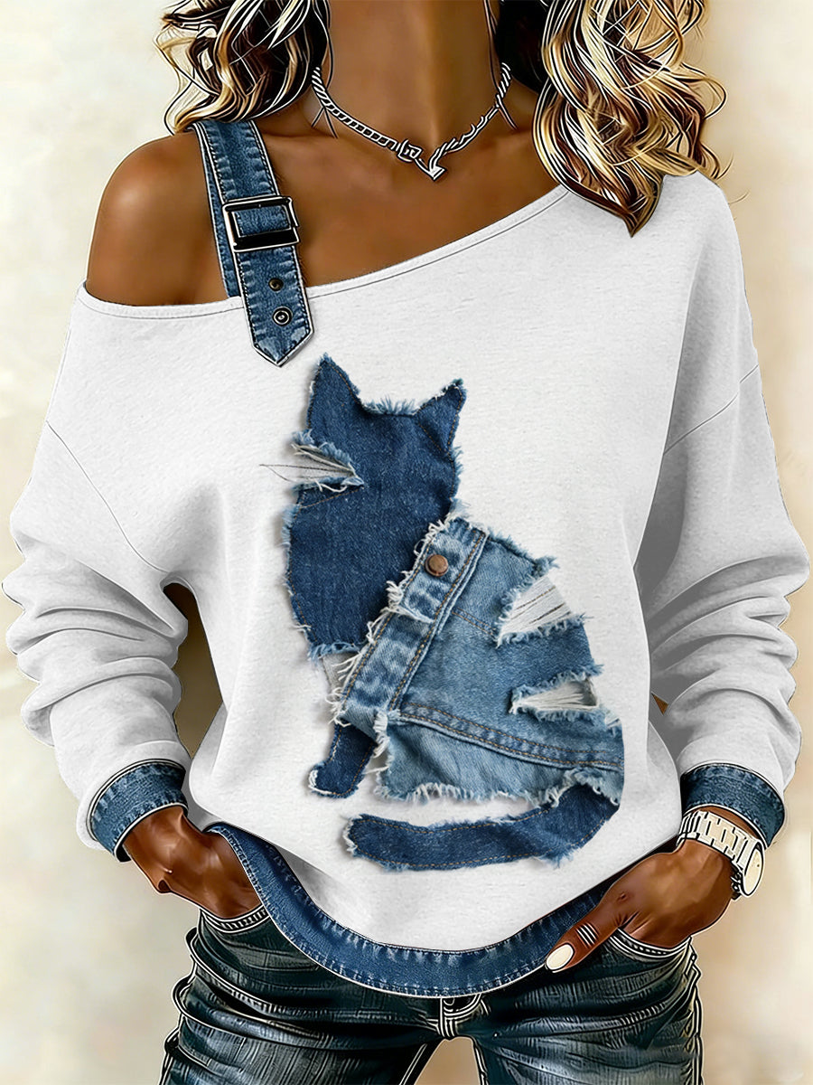 Gato Vintage Patchwork impressão Casual Off-ombro moletom feminino
