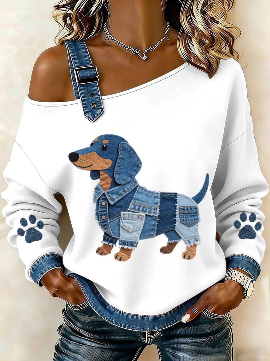 Adorável Dachshund padrão Denim Patchwork Top das mulheres