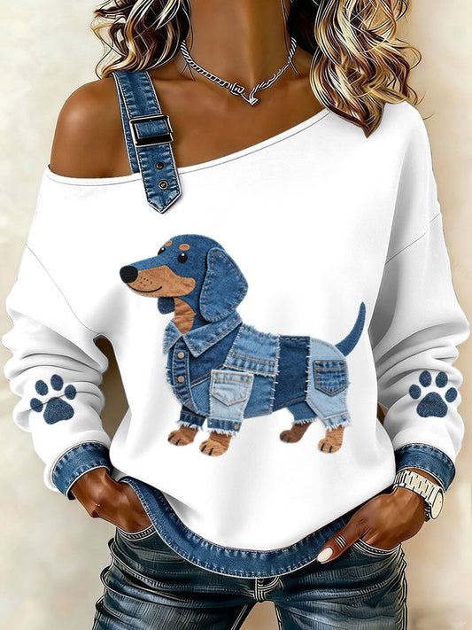 Adorável Dachshund padrão Denim Patchwork Top das mulheres